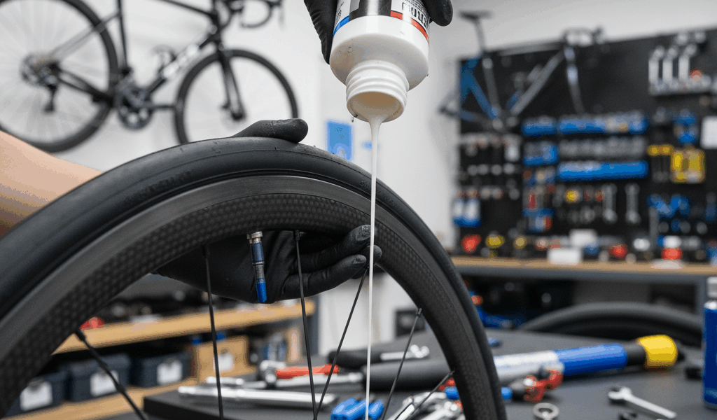 Close-up of tubeless tire conversion with sealant