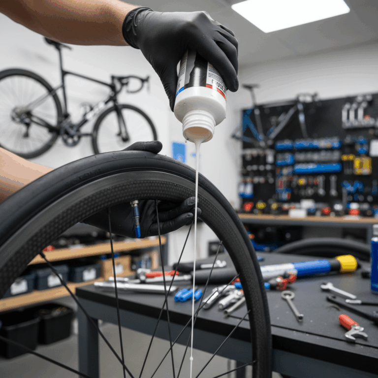 Close-up of tubeless tire conversion with sealant