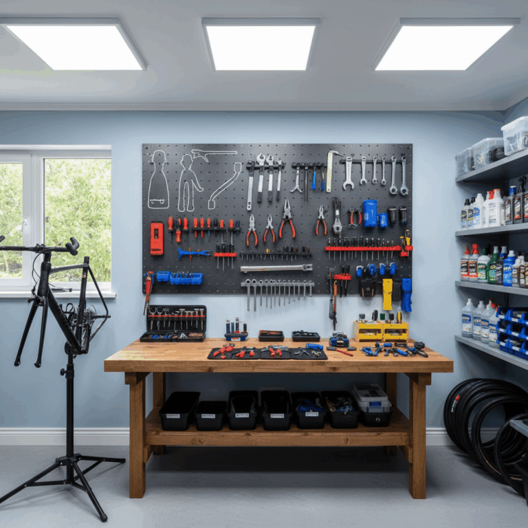 home bike workshop tools pegboard workbench