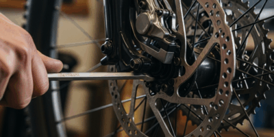 close up of bicycle disc brake caliper on mountain bike whee 20260331 083101