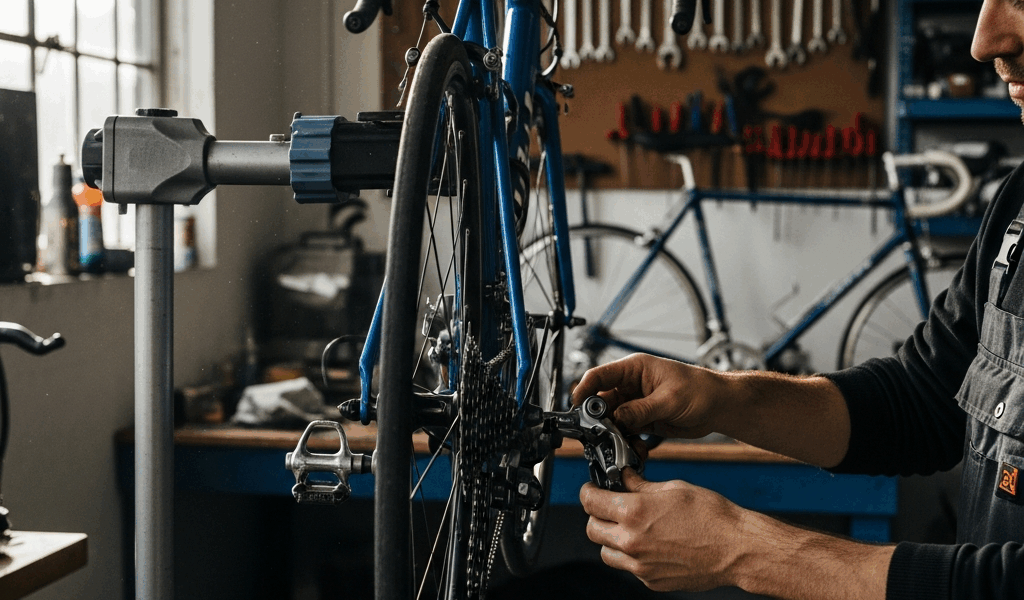 bicycle in repair stand, mechanic adjusting derailleur in workshop