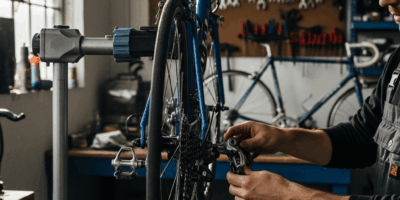 bicycle in repair stand, mechanic adjusting derailleur in workshop